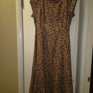 Women's Rokoko Maroon Midi Dress with Yellow Flower Print Midi Dress Size Large